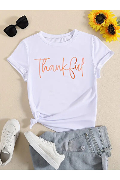 ARMHEM تي شيرت كبير الحجم برقبة دائرية مطبوع عليه Thankful للجنسين
