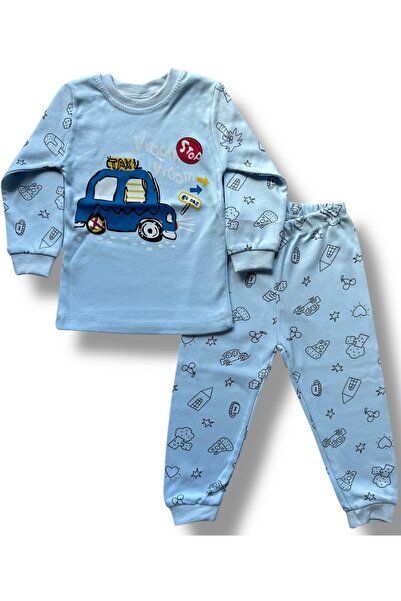 Süpermini Erkek Çocuk Taksi Arabalı Pamuklu Lastikli Mavi Renk Pijama Takımı ( 1 Adet Çorap Hediyeli )