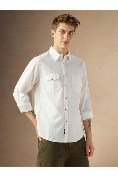 Dennis Lingo By Styli Solid Relaxed Fit Spread Collar Shirt with Pockets
