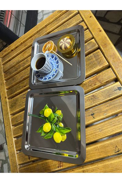 MGEStore Silver Square Stainless Steel Tea, Coffee Decorative Presentation, Serving Tray 2 Pieces