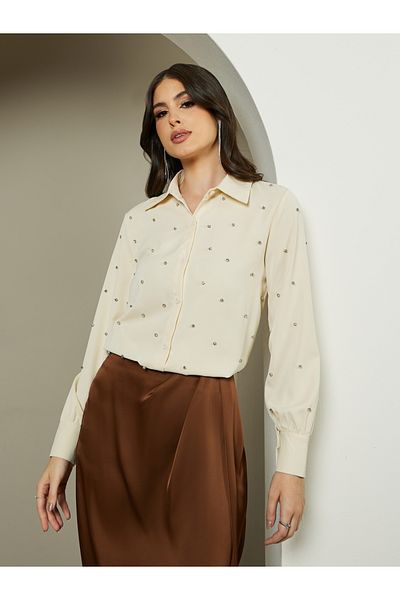 Styli Embellished Spread Collar Oversized Shirt