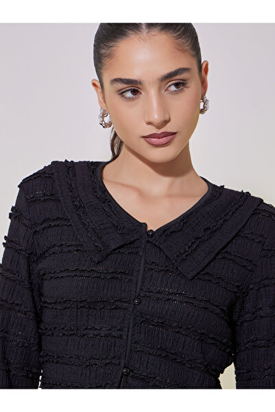 Take Two By Styli Textured Long Sleeve Crop Shirt with Ruffle Detail