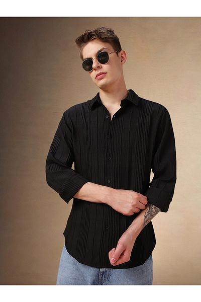 Dennis Lingo By Styli Regular Fit Spread Collar Textured Shirt with Pintuck Detail