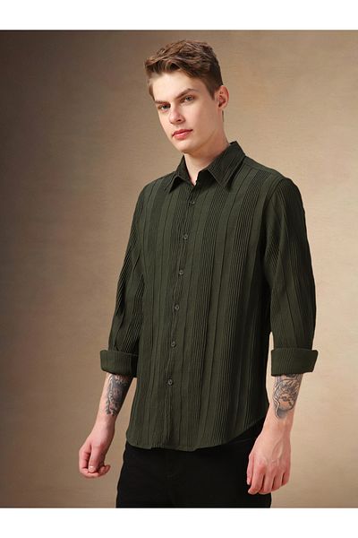 Dennis Lingo By Styli Regular Fit Spread Collar Textured Shirt with Pintuck Detail