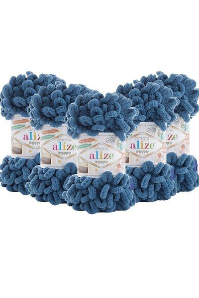 Alize (5 bucăți) Ață de tricotat manuală Puffy 637 Pachet 5 - 637 Aviator - 100 Gr. 9 Mt. Frânghie de tricotat cu degetele