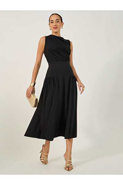 Styli Wide Waistband Pleated A-Line Midi Skirt