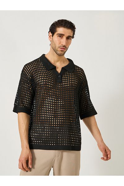 Styli Crochet Knit Oversized Revere Collar Polo T-Shirt