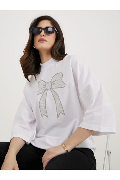 Styli Bow Graphic Exaggerated Sleeve Oversized Longline T-Shirt