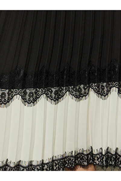 Styli Color Block Pleated A-Line Midi Skirt with Lace Trim