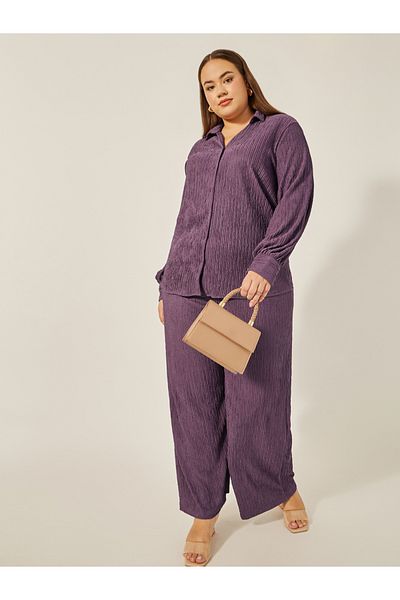 Styli Plus Size Textured Mid-Rise Wide Leg Pants