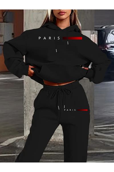 NEW TRENDY COLLECTİON Paris Inspired Hooded Sweatshirt & Jogger Set for Stylish Women