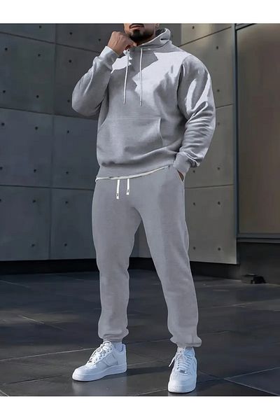 NEW TRENDY COLLECTİON Мъжки комплект суитшърт с дълъг ръкав и качулка + спортен панталон, сив