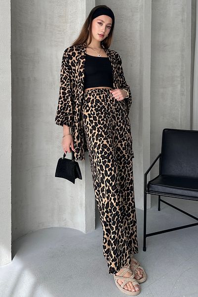 FEWTİNT Leopard Patterned Women's Kimono and Pants Set