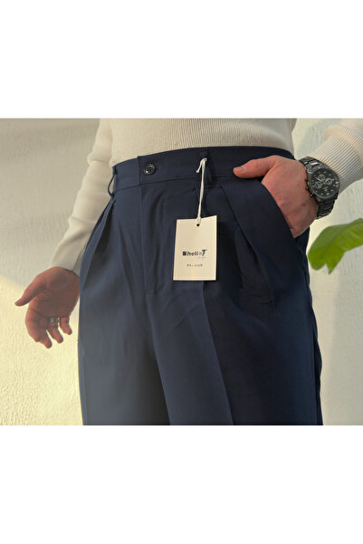 hello7 Baggy Lacivert Çift Pileli Likralı Pantolon Rahat Kalıp Yeni Sezon