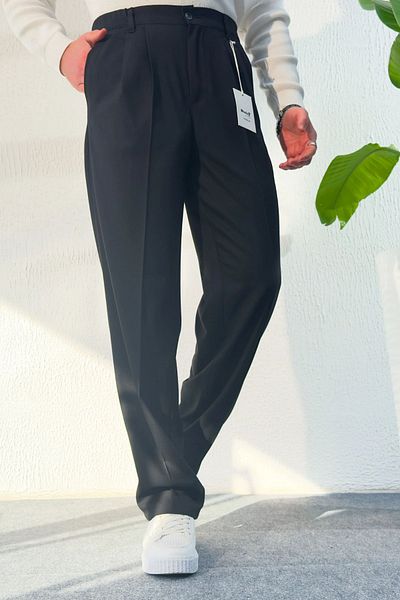 hello7 Black Baggy Men's Trousers - Comfortable Fit, Double Pleated, Wide Leg, New Season