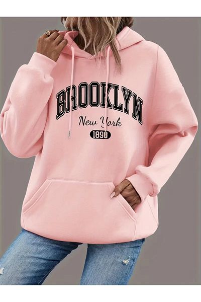 NEW TRENDY COLLECTİON Γυναικεία Plus Size Plus Size Brooklyn Graphic Hoodie Μπλε