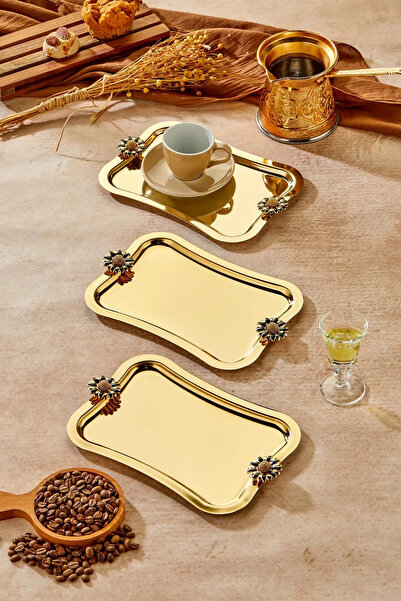 Turkco 3 Adet Elegante Gold Serisi Duo Fiore Nero Kulp Desenli Sunum Tepsi Sö...
