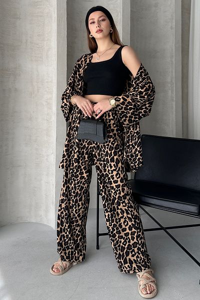 FEWTİNT Leopard Patterned Women's Kimono and Pants Set