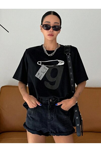 caddekombin Γυναικείο μπλουζάκι από βαμβακερό χτενισμένο μαύρο μπλουζάκι με λ...