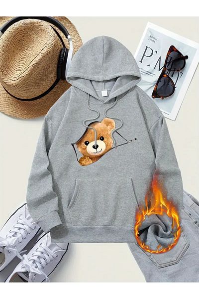NEW TRENDY COLLECTİON Women's Casual Hooded Sweatshirt with Cartoon Bear Print