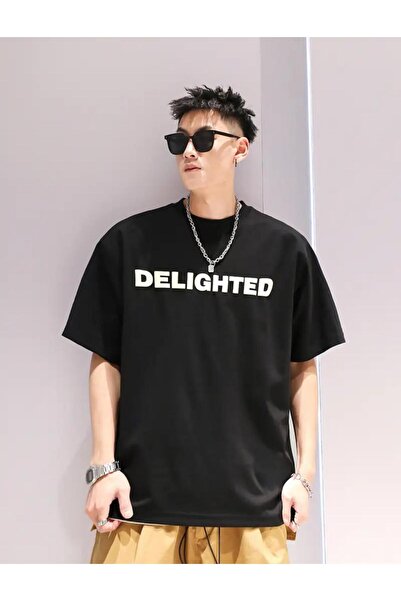 caddekombin Delighted Printed Men's Cotton Combed Crew Neck Black T-Shirt