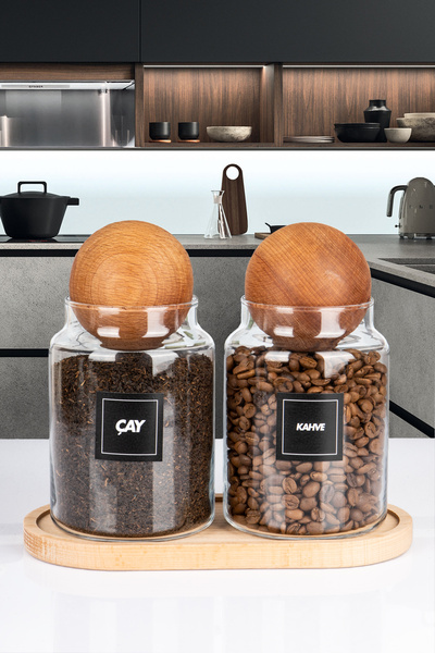 naturelove علبة تخزين للشاي والقهوة مع حامل خشبي وغطاء كروي خشبي زجاجي 1000 مل