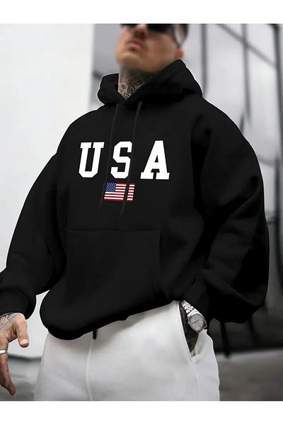 NEW TRENDY COLLECTİON Мъжки суитшърт с дълъг ръкав и качулка с шарка на американското знаме