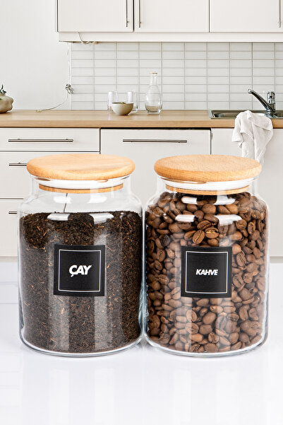 naturelove 2'li Ahşap Vakumlu Kapaklı Çay ve Kahve Kavanozu Saklama kabı Cam ...