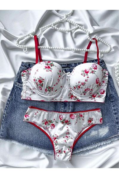 ELOSH BOUTIQUE Λευκό Σατέν Κόκκινο Σετ Γυναικείο Σουτιέν με μοτίβο λουλουδιών Underwire
