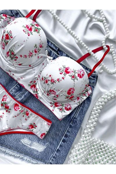 ELOSH BOUTIQUE Λευκό Σατέν Κόκκινο Σετ Γυναικείο Σουτιέν με μοτίβο λουλουδιών Underwire