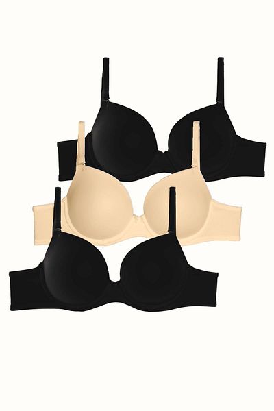C&City Soft Covered Unpadded Knitted Bra - 3 Pack C37025 Black/Nude