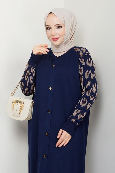 Pamuk Butik Women's Leopard Sleeve Mercerized Knitwear Cardigan