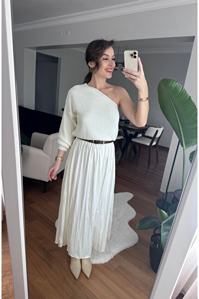 TUBA İNAN Women's Long Midi Ecru Skirt