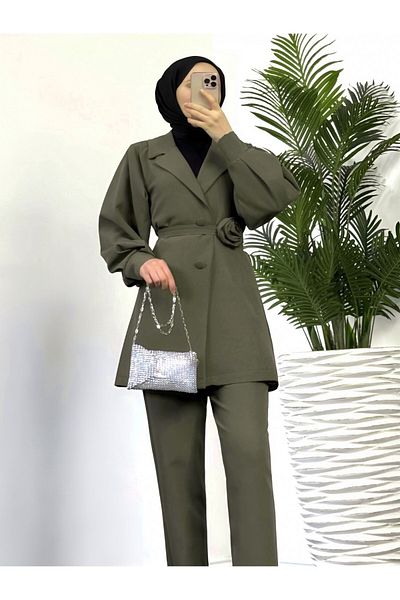 Modamorfo Double Breasted Lapel Jacket Pants Set with Belt Rose Detail - Khaki
