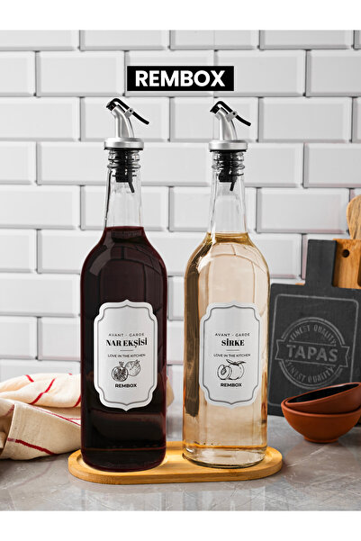 Rembox Ahşap Standlı 2'li Sirke ve Nar Ekşisi Şişesi 750 ml Yağlık Zeytinyağ ...