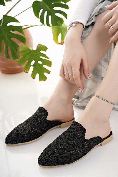 Modafırsat Kadın Terlik Siyah Önü Kapalı Örgü Dantel Triko Nakış Şık Hasır Yazlık Ev Plaj Tatil Terliği