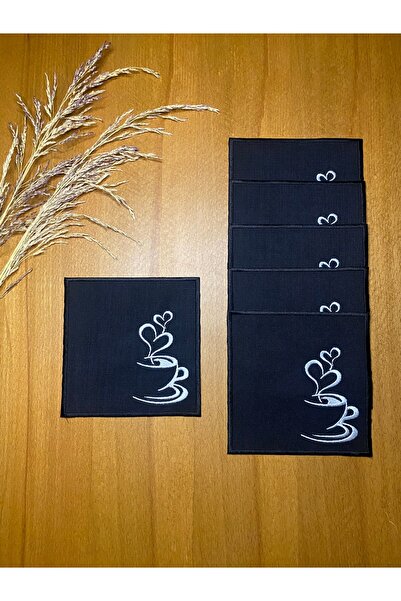 Smiling Home 6 Adet Siyah Gardenya Keten Cappuccino Desenli Kokteyl Sunum Peç...