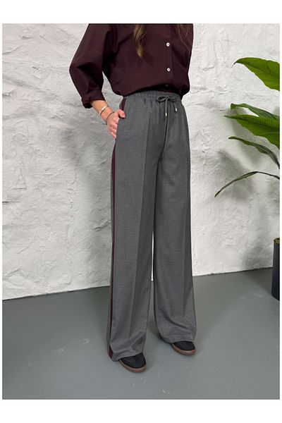 Elif Özbey Butik Anthracite Plum Stripe Palazzo Trousers
