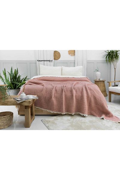 YASEMİNİNEVİ Single Brick Color 6 Layer Muslin Quilt, Bedspread 170X220Cm