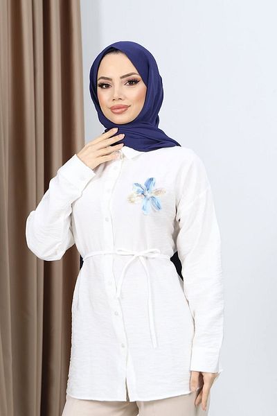 HİFADEN Γυναικείο πουκάμισο Hijab με λουλουδάτο λεπτομερές κουμπιά και ζώνη
