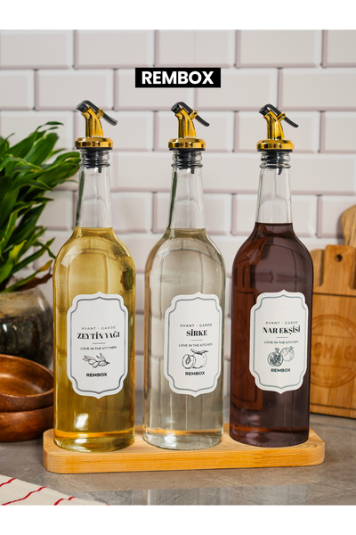 Rembox Set of 3 Olive Oil Vinegar and Pomegranate Vinegar with Wooden Stand and Gold Stopper 750ml Oil Bottle Oil Pot Set