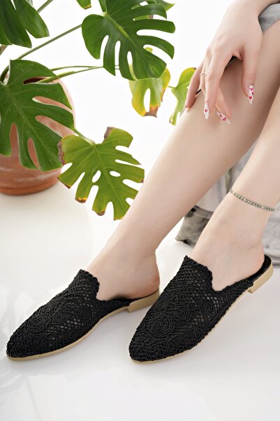 Modafırsat Kadın Terlik Siyah Önü Kapalı Örgü Dantel Triko Nakış Şık Hasır Yazlık Ev Plaj Tatil Terliği