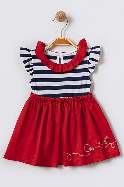 Bebüş Red Striped Embroidery Short Sleeve Baby Girl Dress - Ruffles Flared Effect 15609