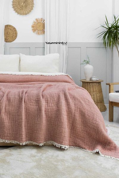 YASEMİNİNEVİ Single Brick Color 6 Layer Muslin Quilt, Bedspread 170X220Cm