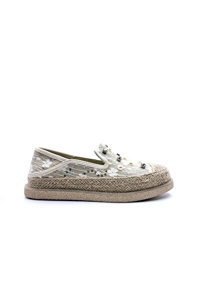 Guja Women's Beige Espadrille Shoes with Pearl and Lace Detail