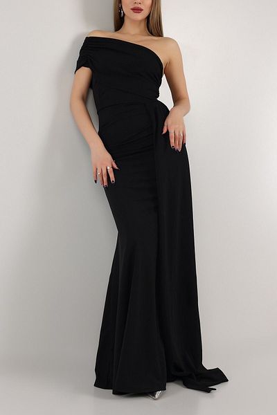 SHEYMA One Shoulder Asymmetrical Design Shawl Detail Maxi Length Evening Dress