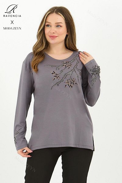 Ravencia Middle Aged Gray Viscose Blouse - Leaf Pattern, Stone Embroidered, Lycra Combed Cotton