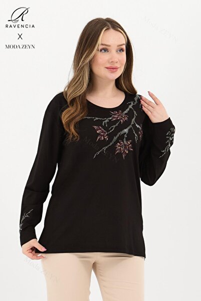 Ravencia بلوزة من القطن الممشط باللون الأسود في منتصف العمر وأعلى - نمط أوراق...