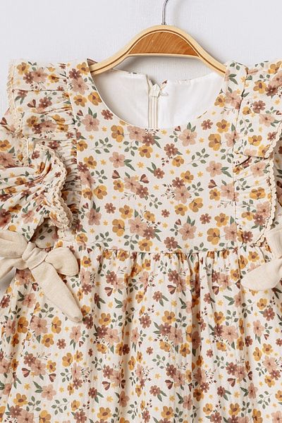 Bebüş Cotton Fabric Lined Side Lace Detail Flared Cutout Floral Print Baby Girl Dress 15717