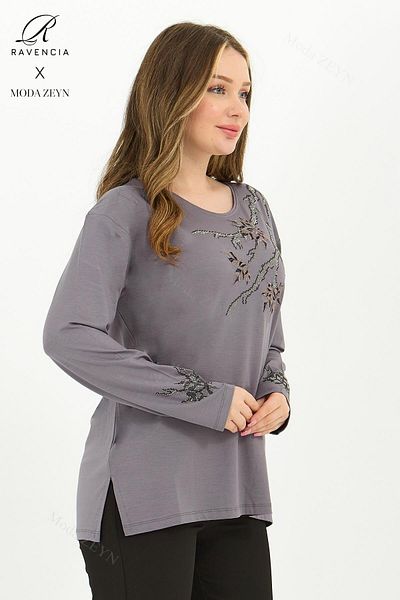 Ravencia Middle Aged Gray Viscose Blouse - Leaf Pattern, Stone Embroidered, Lycra Combed Cotton